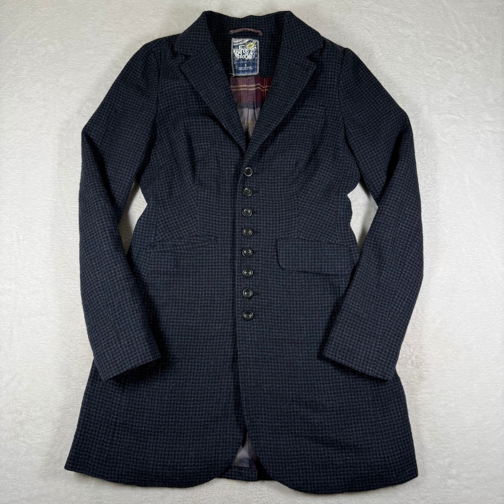 Free People Womens Navy Blue Wool Houndstooth Longline Blazer Coat Size 2